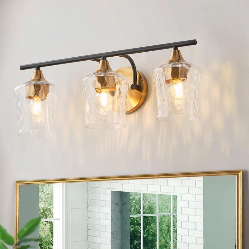 Brushed Gold 3-Light Bathroom Vanity Light with Clear Water Ripple Glass Shades