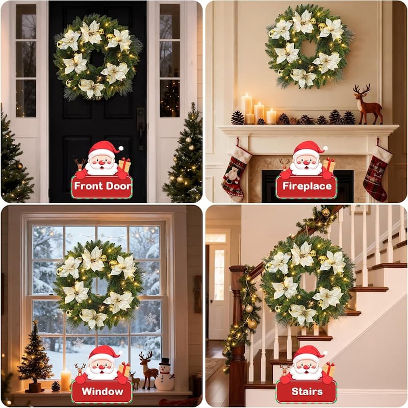 24 Inch Pre-Lit Christmas Wreaths for Front Door 60cm Xmas Wreath Artificial Wreaths with 50 Lights - N/A