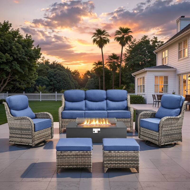 Pocassy 43 In Fire Pit w/ Outdoor Sofa Swivel Chair Ottoman Set - Gray Wicker Blue Cushion - 6PCS Fire Table w/ 6-In Sofa Swivel Chair Ottoman