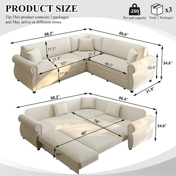 dimension image slide 10 of 13, Homy Casa Chenille Sleeper Sectional Sofa with Pull-Out Bed