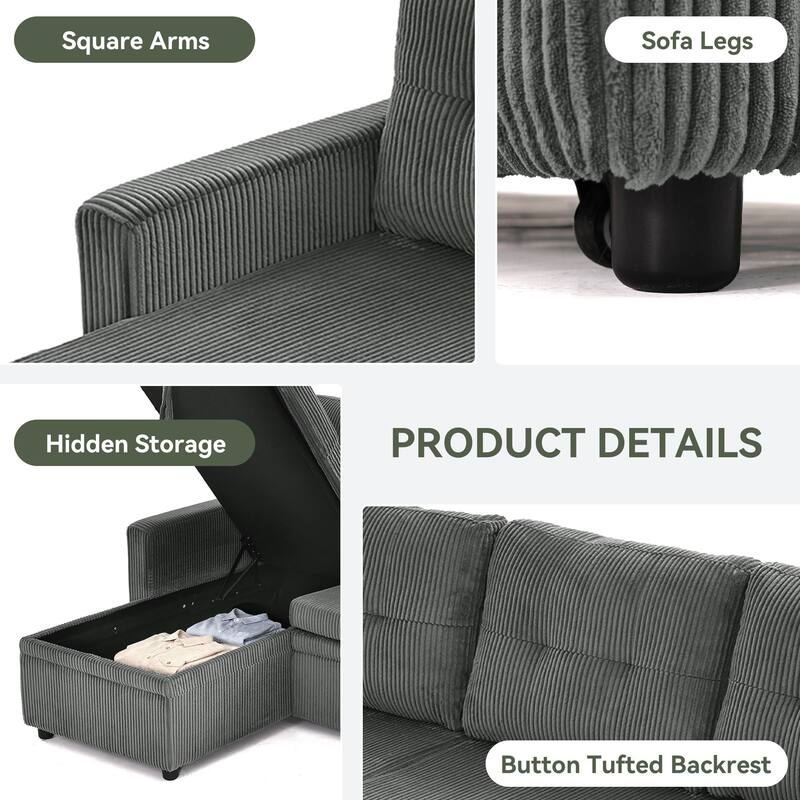 79" W L Shaped Reversible Convertible Pull Out Couch Bed Sleeper Sofa