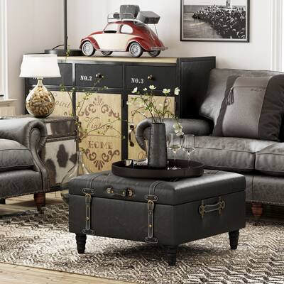 COZAYH Square Storage Ottoman 28 Inch Upholstered Black Coffee Table with Storage Faux Leather Ottoman for Living Room, Bedroom