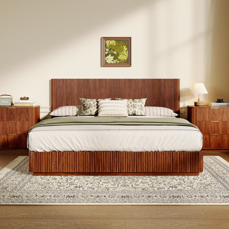 Low Profile Bed Frame with High Headboard, LED Light Strip Under Bed, Wooden Corrugated Curved Platform Bed, Metal Frame Support - Walnut - King