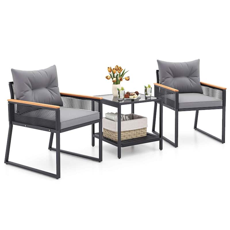 3-Pc PE Rattan Patio Set w/ Coffee Table & Cushions Outdoor Use - Black＆Gray