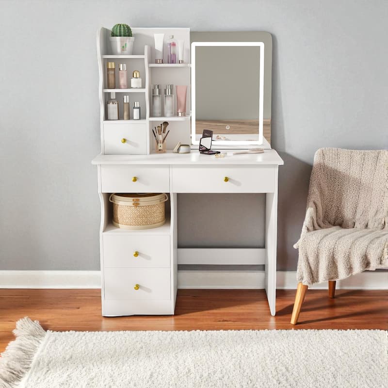 Makeup Vanity Desk with Sliding LED Mirror, 5 Storage Drawers, Touch Control Lighting & Organizer for Bedroom
