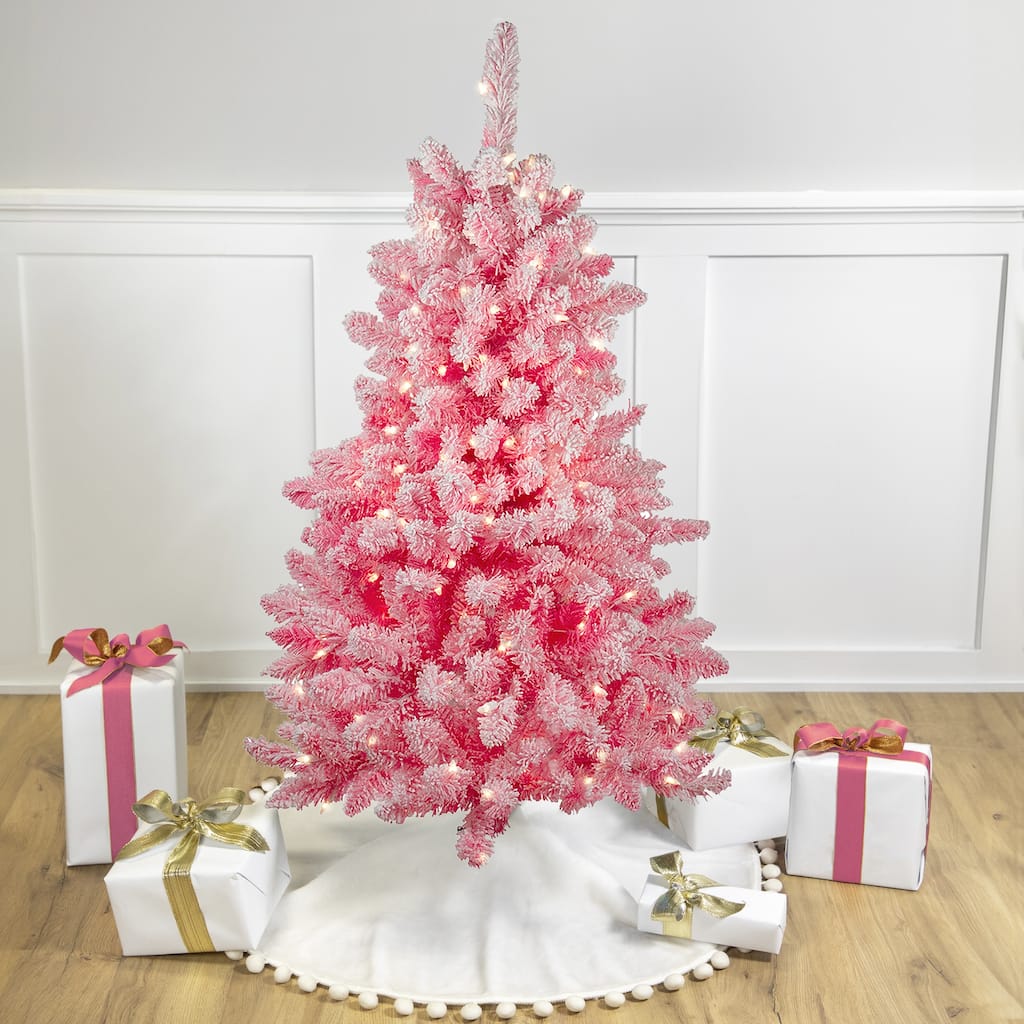 4' Flocked Pink Pine Slim Artificial Christmas Tree Clear Lights - 4 Foot