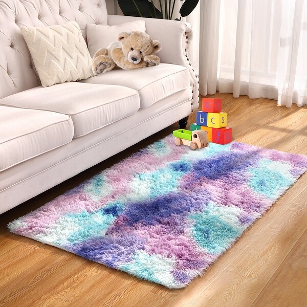 Fluffy Kids Rug for Girls Bedroom Carpets, Kawaii Colorful Tie Dye