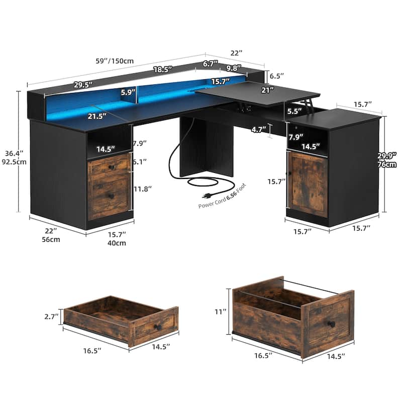 Moasis 59" L Shaped Desk Corner LED Computer Gaming Desk with File Cabinet and Lift Table Top