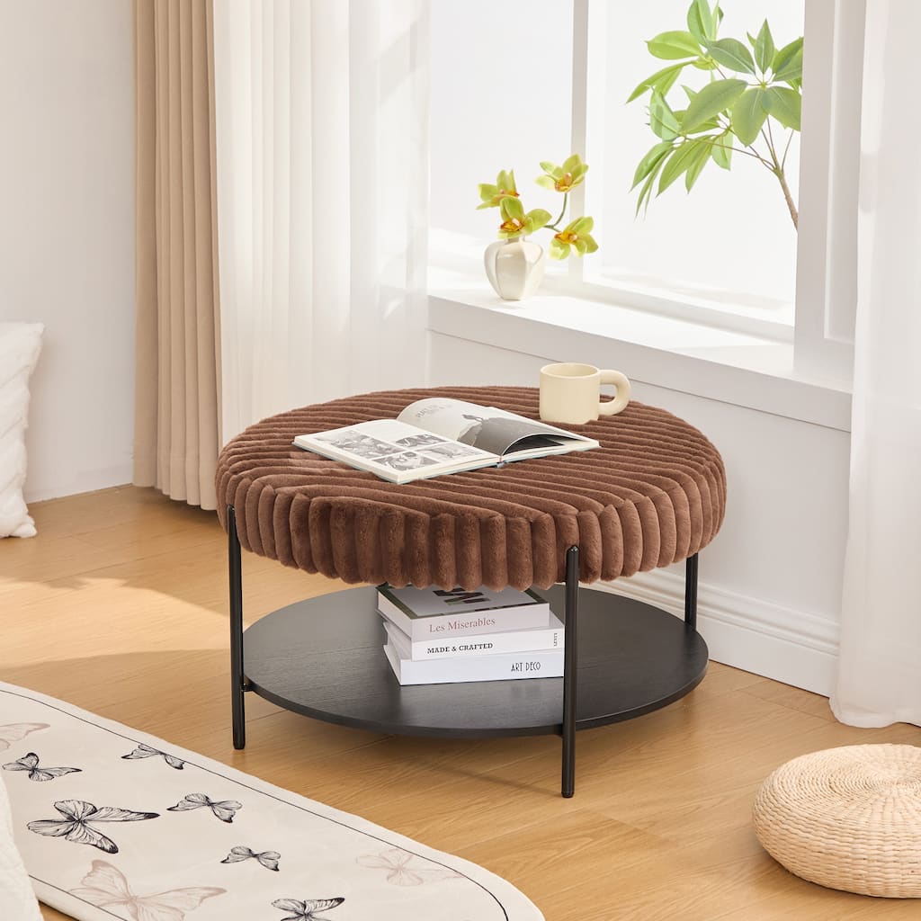 30.9"Wide Upholstered Round Ottoman Coffee Table Foot Rest With,Footstool With Wooden Open Storage Shelf,Faux Fur Footstool