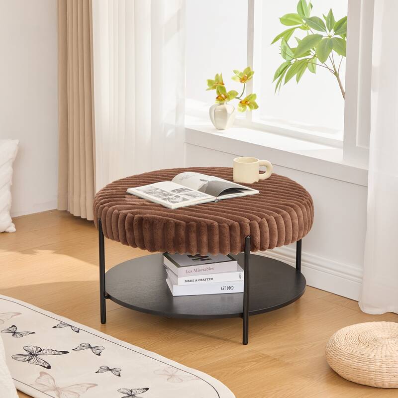 Modern Round Coffee Table with Open Storage Shelf with Black Metal Legs, for Living Room Bedroom Entryway - Bown