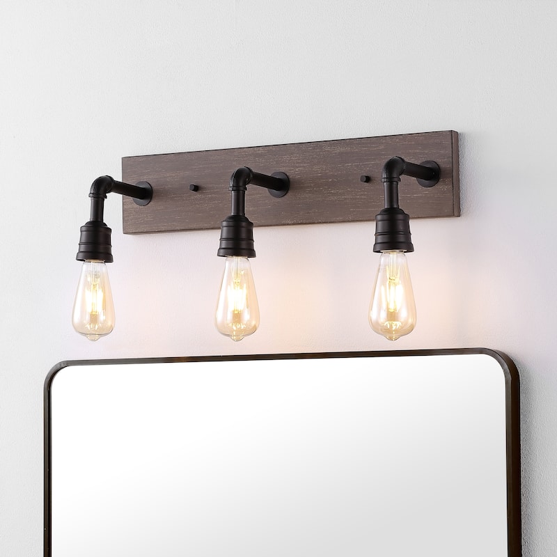 Billy 22.13" 3-Light Rustic Farmhouse Iron LED Vanity, Oil Rubbed Bronze/Brown Wood Finish by JONATHAN Y