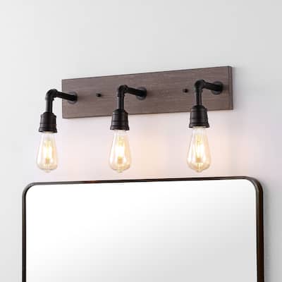 Billy 22.13" 3-Light Rustic Farmhouse Iron LED Vanity, Oil Rubbed Bronze/Brown Wood Finish by JONATHAN Y