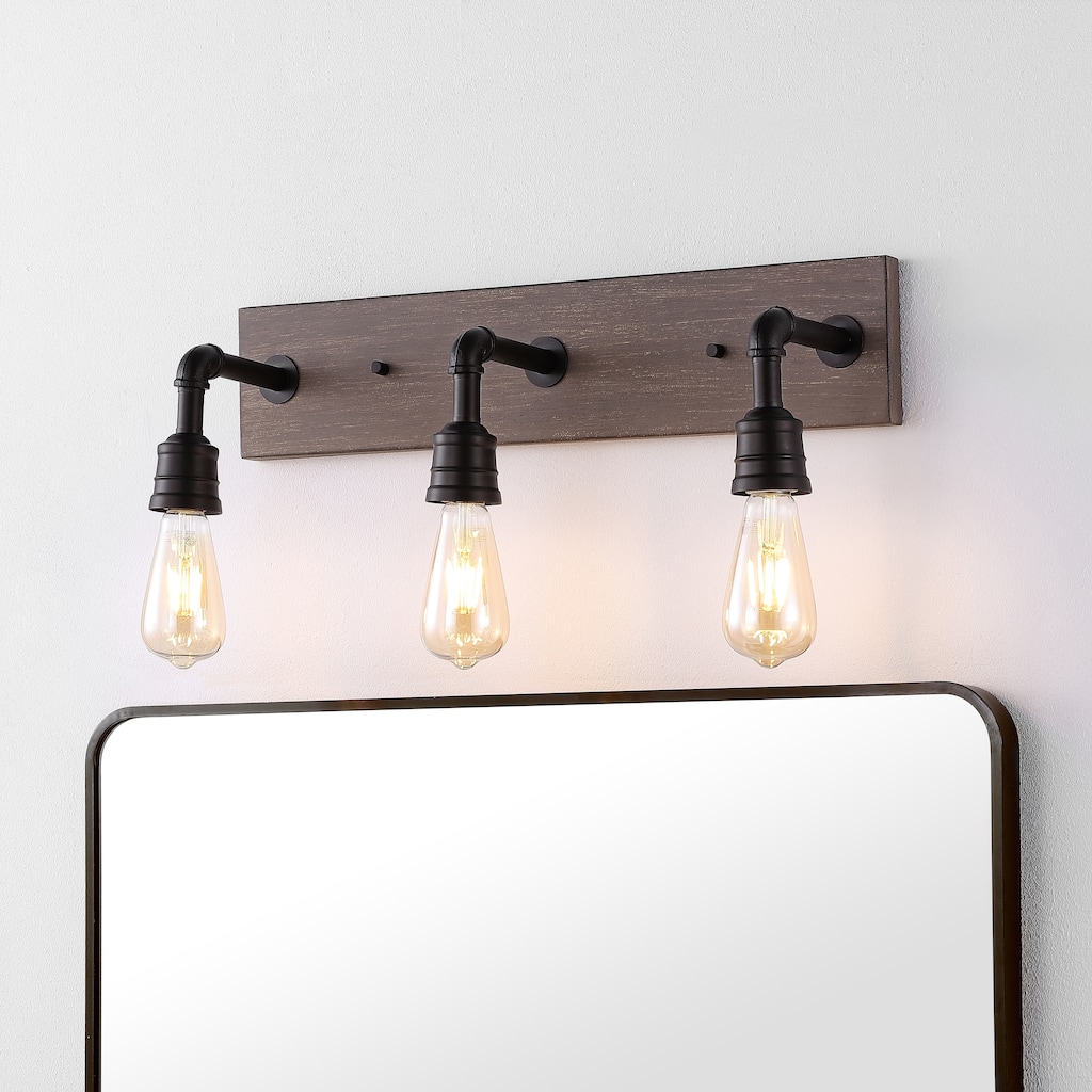 Billy 22.13" 3-Light Rustic Farmhouse Iron LED Vanity, Oil Rubbed Bronze/Brown Wood Finish by JONATHAN Y