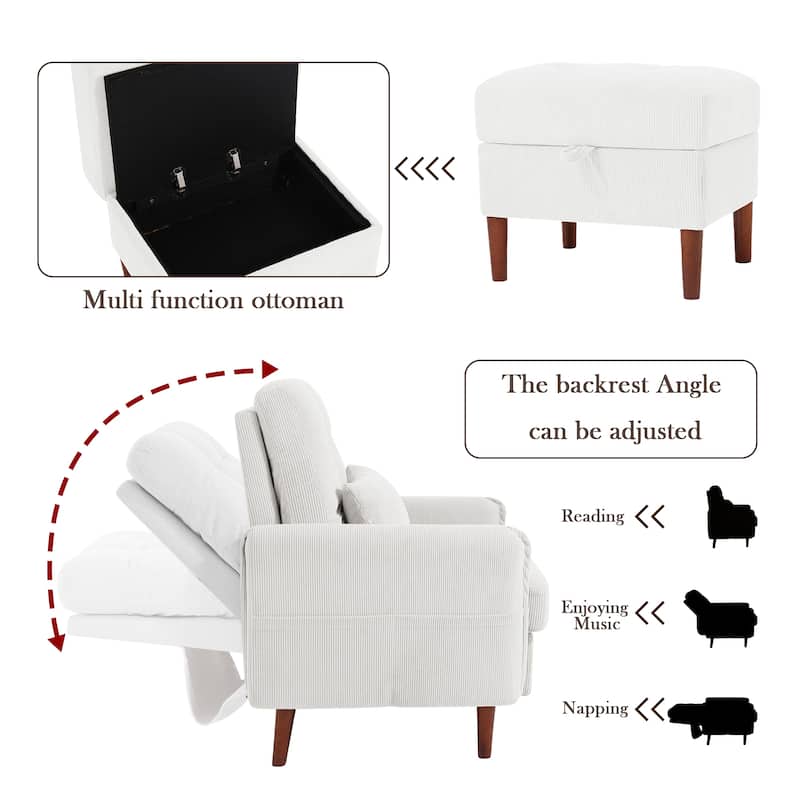 Modern Lounge Chair With Stroage Ottoman and Adjustable Backrest