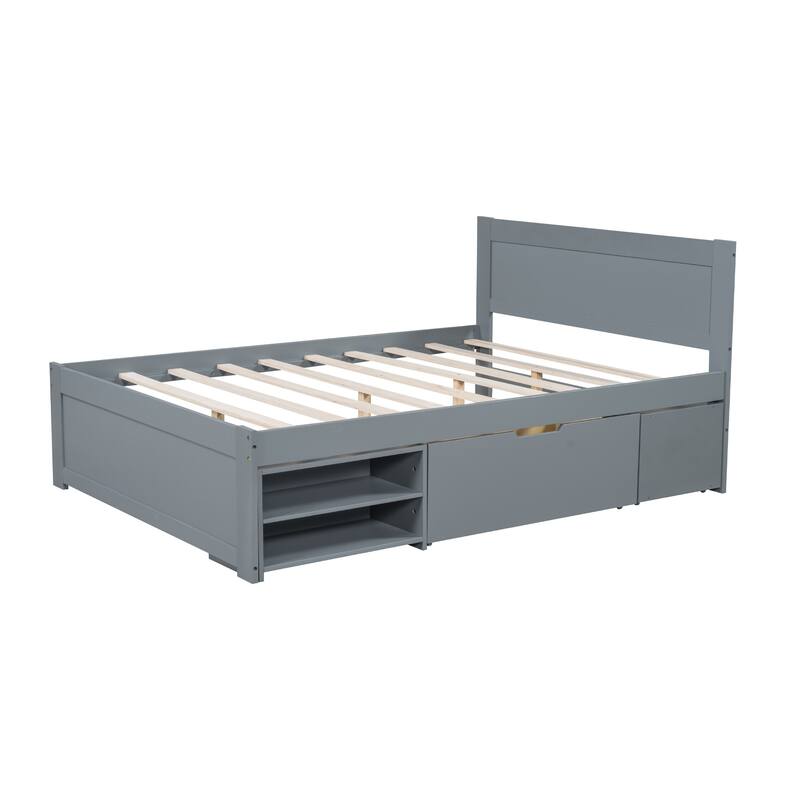 Platform bed with drawers and two shelves
