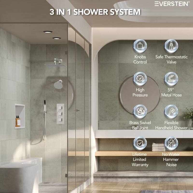 Thermostatic Shower System 12" Dual Heads Shower Faucet with High Pressure Handheld Spray
