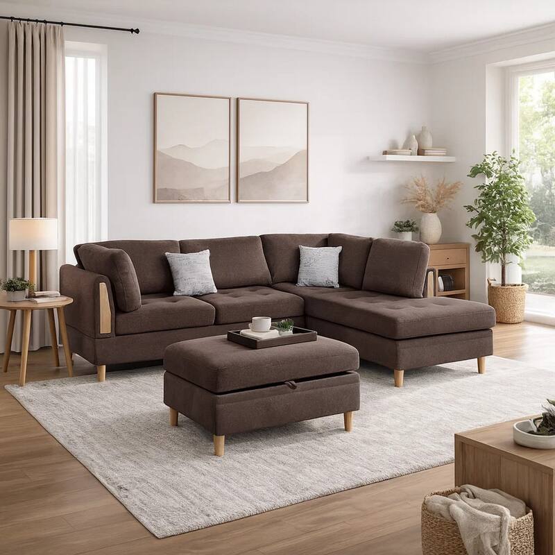 Cato 3 Piece L Shape Sectional Sofa Set with Ottoman, 2 Pillows, Brown