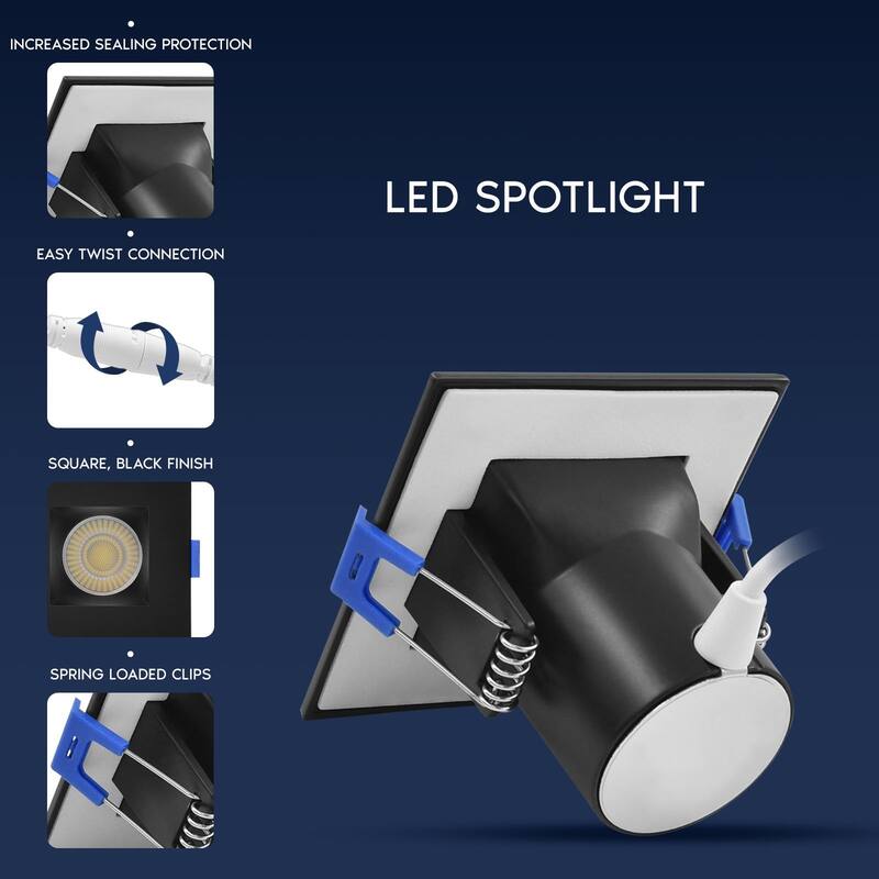 Luxrite 3 in. Square LED Recessed Ceiling Light J-Box 8W 5CCT 530 Lumens Wet Rated Black Trim