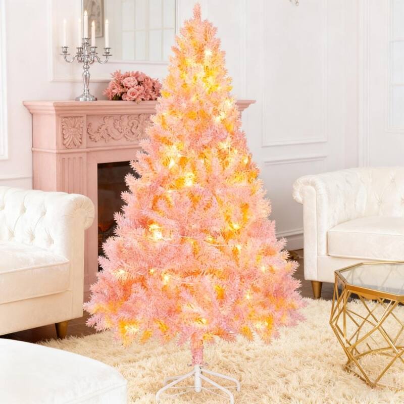 Artificial Christmas Tree with Realistic Branches,Warm White LED Lights and Tips - Pink