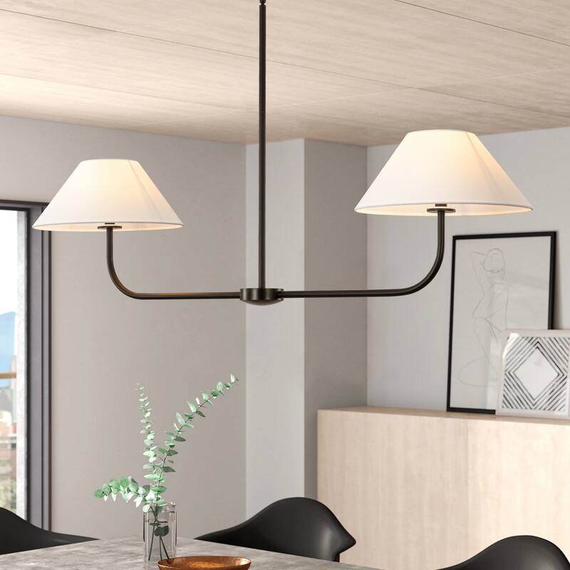2-Light Modern Black/Gold Linear Fabric Cone Large Pendant Light for Kitchen Island