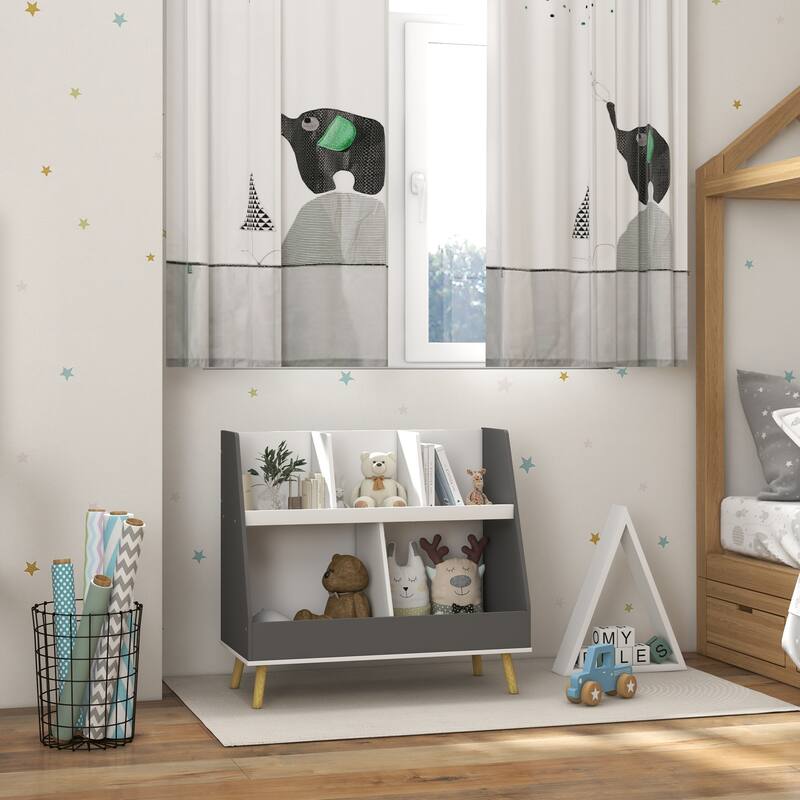 Kids Bookcase Toy Shelf,2 Tier Toddlers Toy Storage Shelf with 5 Compartments,Anti-tip Device,Pine Wood Legs