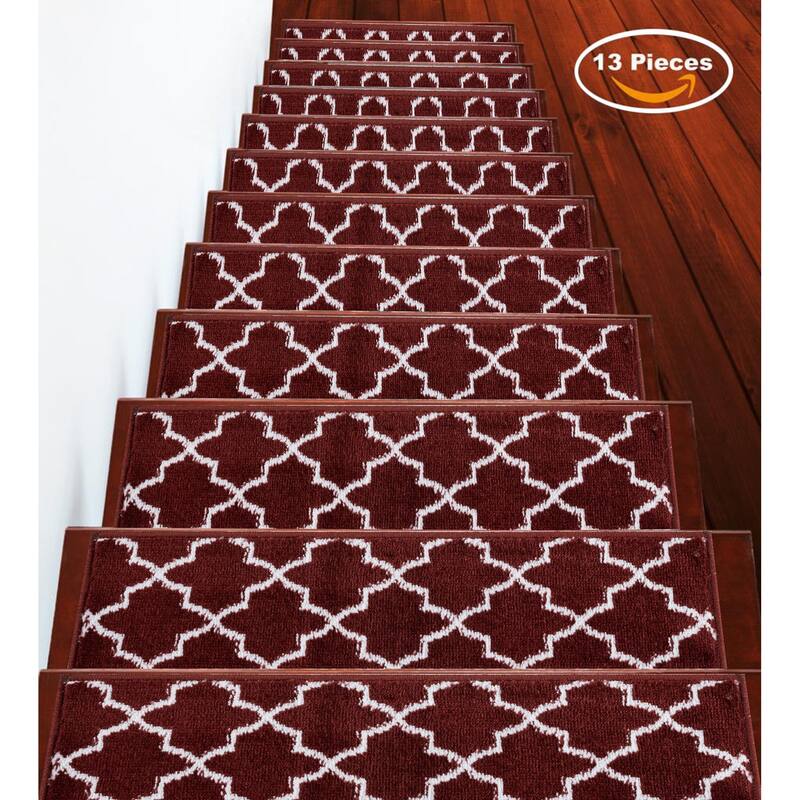 SUSSEXHOME Geometric Stair Treads with Easy to Install Double Adhesive Tape 9" x 28" - 13-PACK - Red
