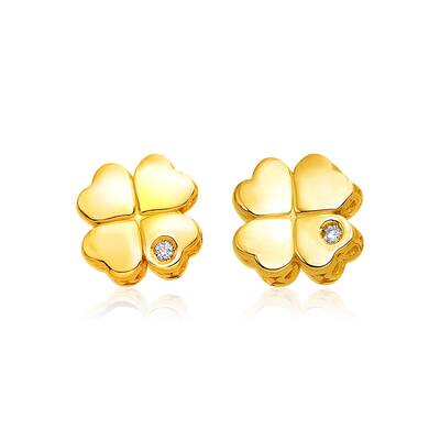 14k Yellow Gold Polished Four Leaf Clover Earrings with Diamonds