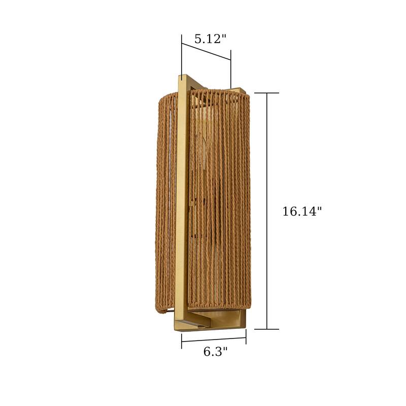 1-Light Gold Wall Sconce with Woven Rope Shade - 6.3" W × 5.1" D × 16.1" H