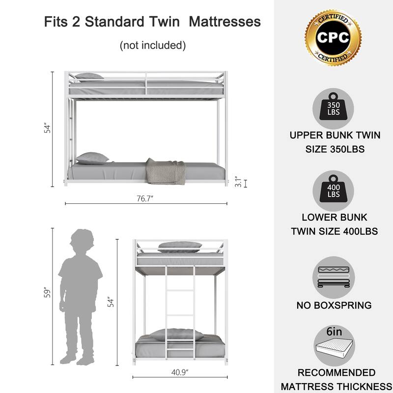 Twin-over-Twin Metal Bunk Bed with Guardrails, Stable Ladder and No Box Spring Needed