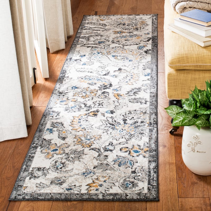 SAFAVIEH Liberty Eyrin Floral Distressed Rug - 2' x 8' Runner - Dark Grey/Ivory