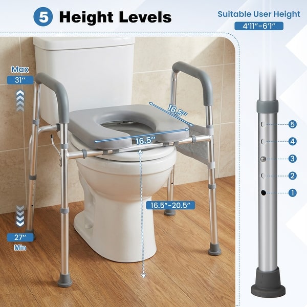 Gymax Raised Toilet Seat w/Handles Padded Arms Adjustable Height &