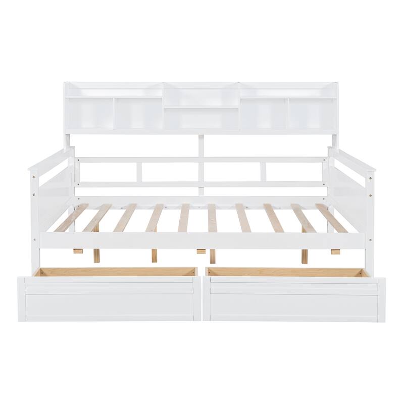 Twin/Full Size Daybed, Solid Wood Platform Sofa Bed Frame with Built In Bookshelves and Two Drawers