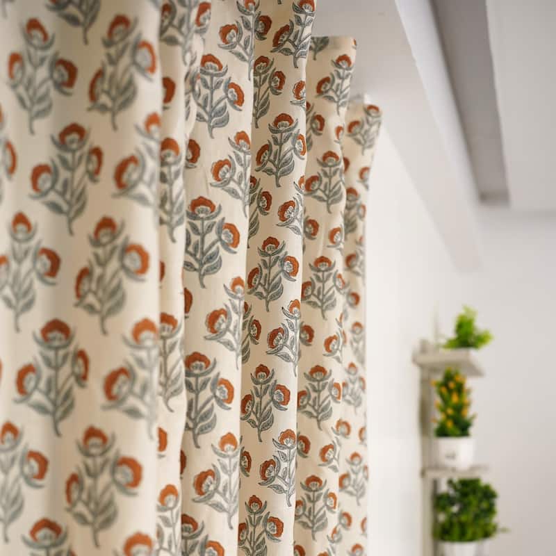 Fabdivine Handmade Block Print Curtain Home Décor, Kitchen Floral Viscose Linen, Soft Hook Drape - Bael Patra- Orange , Grey - 54" x 102"