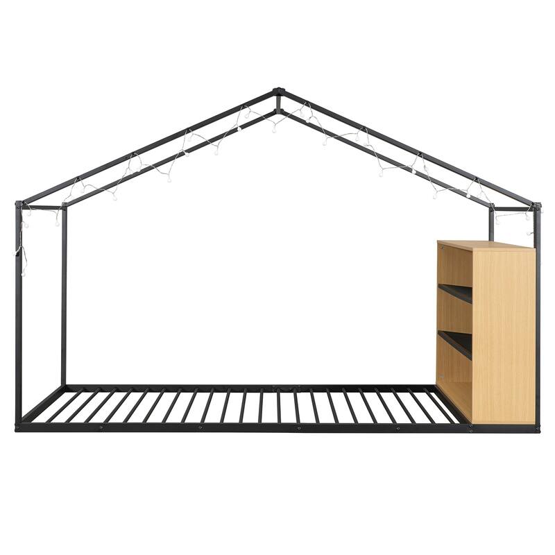 Twin Size Metal Bed House Bed Frame with Shelves and Lights