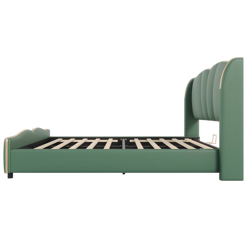 Modern Queen Size Leather Upholstered Bed Frame with Wingback Headboard and Wavy Footboard, Dark Green