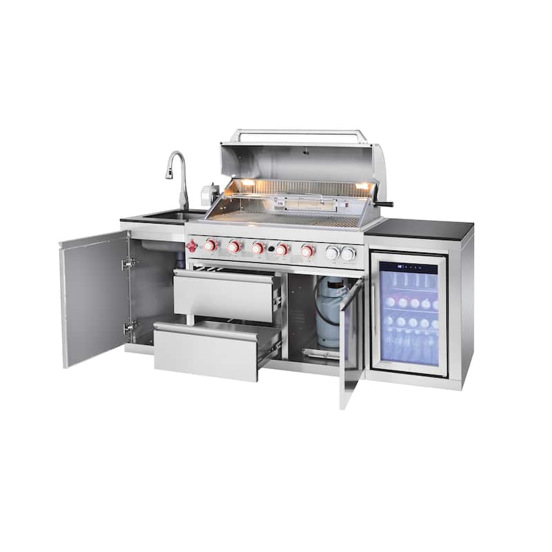 GDFStudio Kryvannon Stainless Steel Outdoor Kitchen Island Grill with 6 Burners and Compact Refrigerator