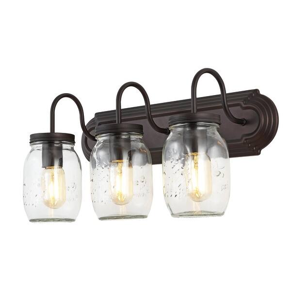 slide 2 of 9, Gaines 19.3" 3-Light Farmhouse Industrial Iron Mason Jar LED Vanity, Oil Rubbed Bronze/Clear by JONATHAN Y - 3 Light