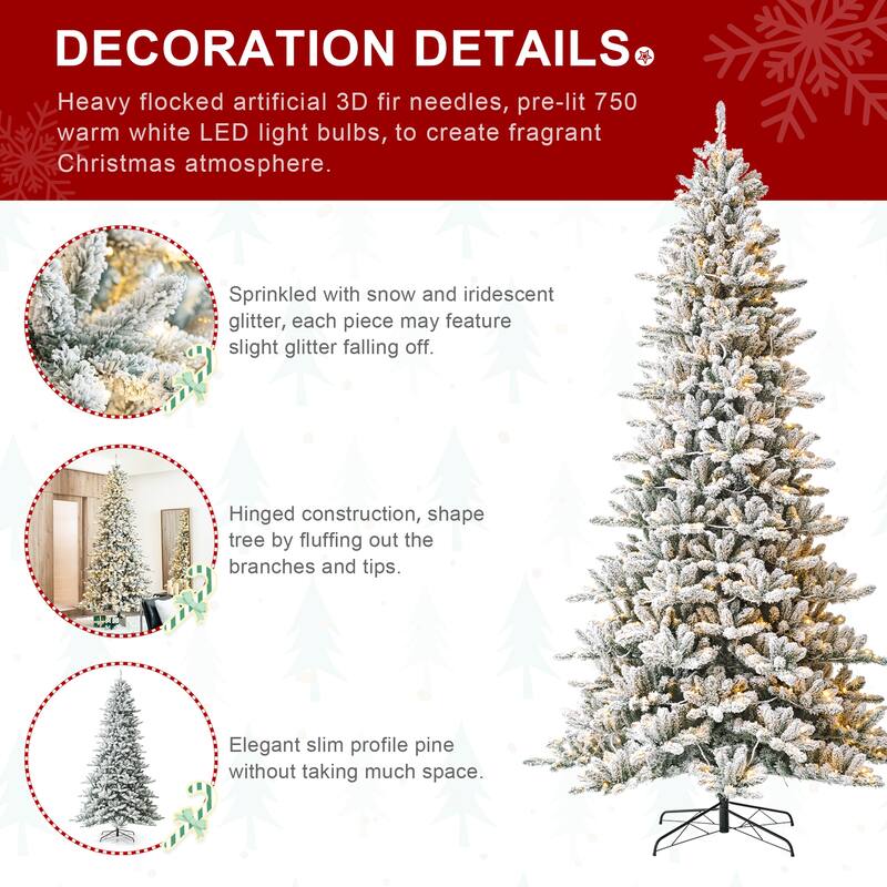 Glitzhome 6FT/7.5FT/9FT/11FT Snow Flocked Pre-lit Artificial Fir Christmas Trees