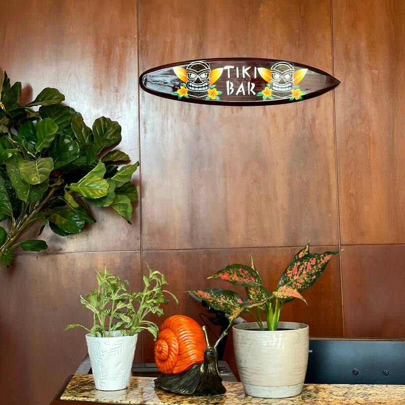 Wooden Tiki Bar Surfboard Wall Decor 39.5" Decorative Beach Sign Art