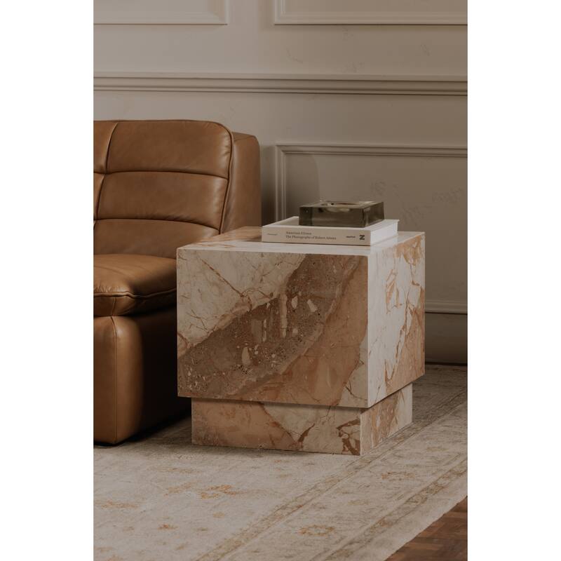 NADAAL STUDIOS Tahlira Accent Table, Square Breccia Aurora Marble Top with Recessed Base, MDF Core, Breccia Marble