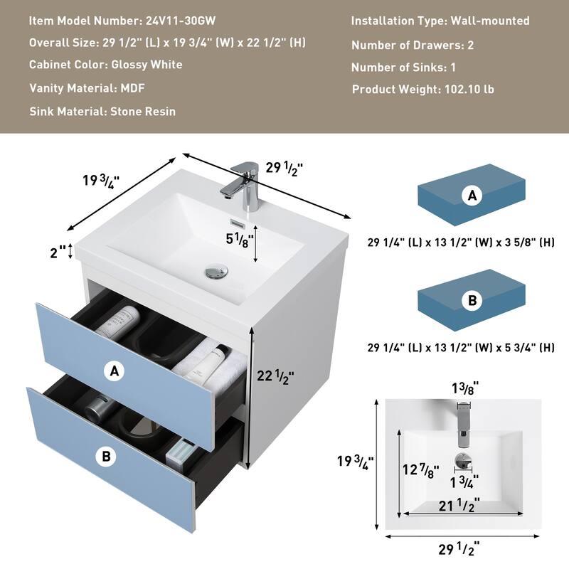 30"Bathroom Vanity with Sink,Modern Wall-Mounted Bathroom Storage Vanity Cabinet with Resin Top Basin and Soft Close Drawers