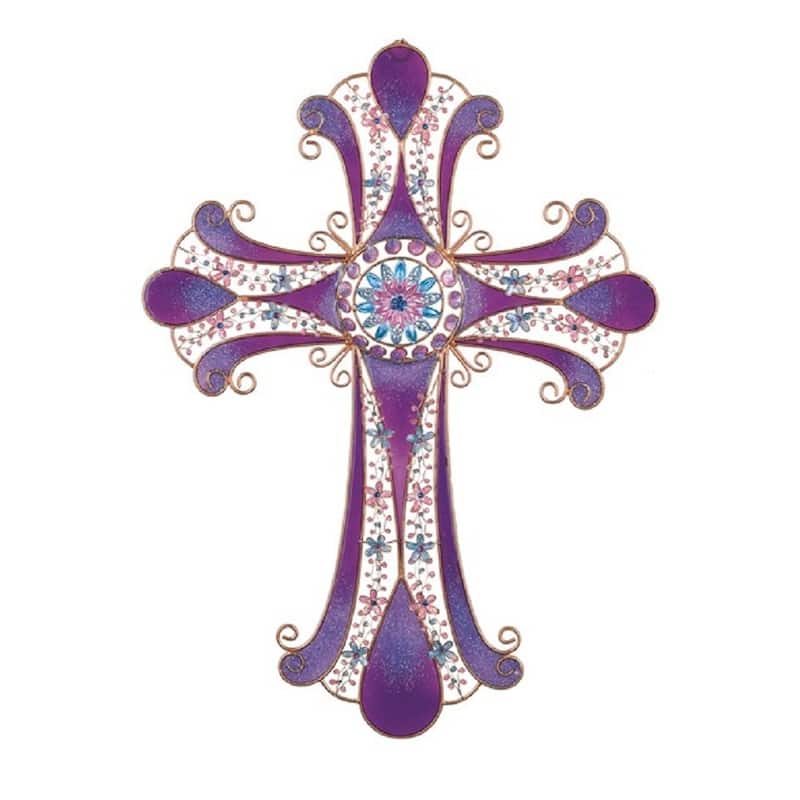 Q-Max 16"H Decorative Purple Wall Cross with Copper and Germ Religious Statue Home Decoration Figurine