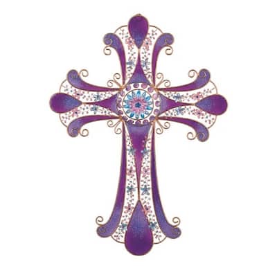 Q-Max 16"H Decorative Purple Wall Cross with Copper and Germ Religious Statue Home Decoration Figurine