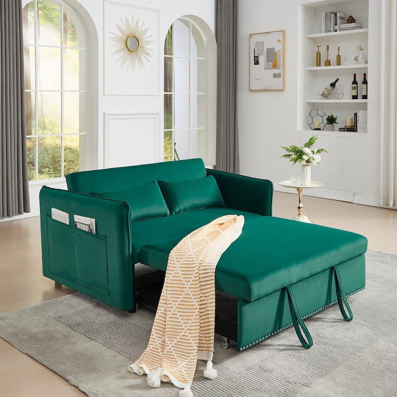 Small Convertible Sofa Bed, 55" Velvet Loveseat Couch with Pull-Out Bed, Pillows, Adjustable Backrest & Side Pockets
