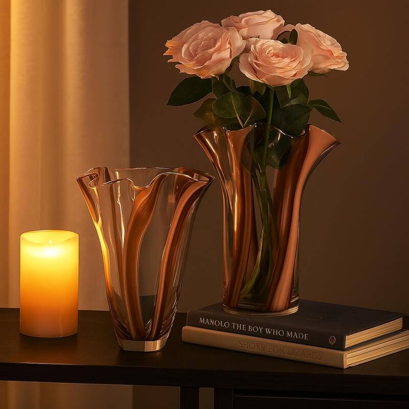 Set of Two Handblown Striped Chocolate Brown Vases