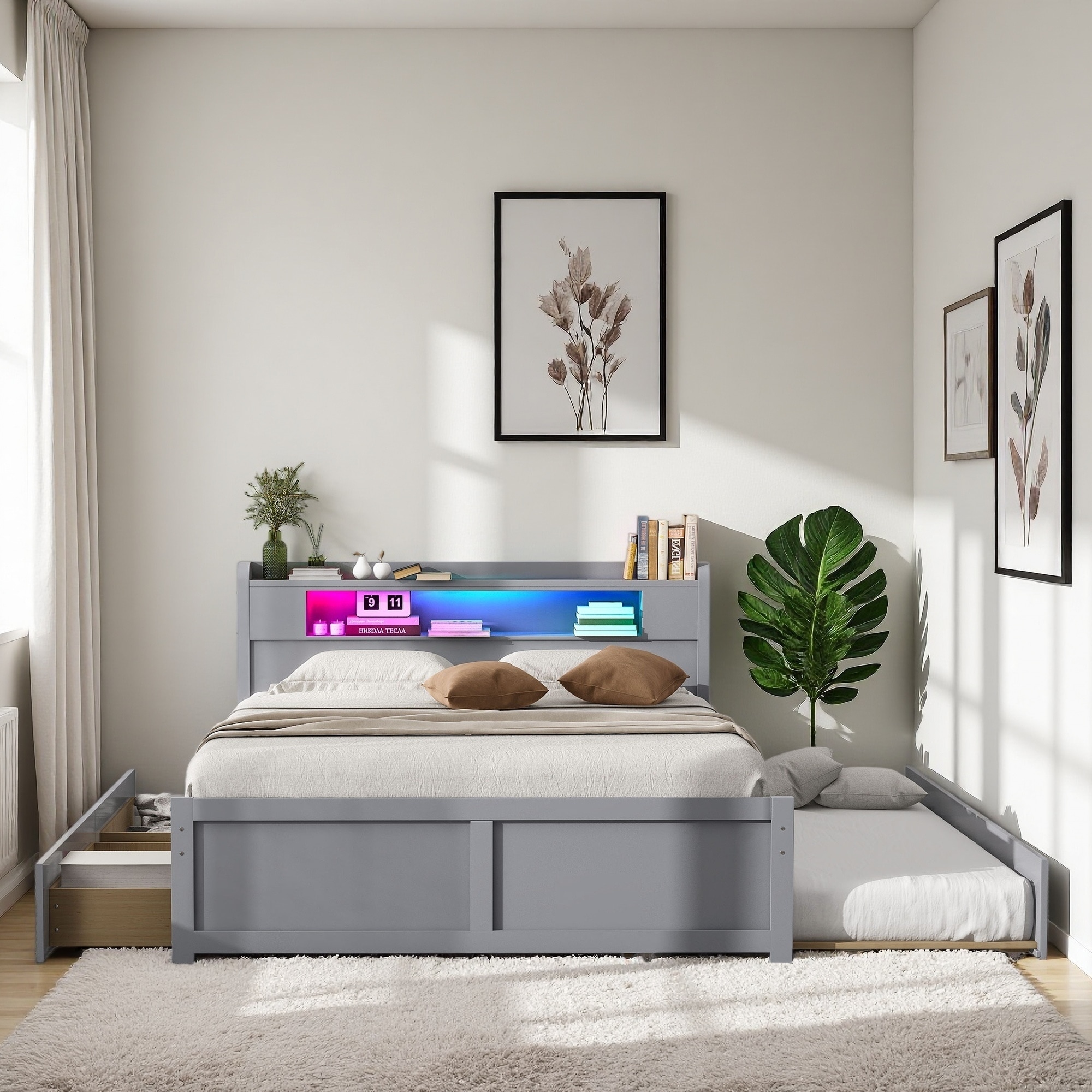 Queen Size Wood Storage Platform Bed with LED, 2 Drawers, and Twin Trundle