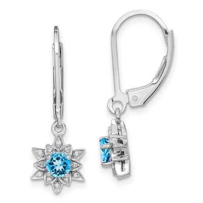 Curata 925 Sterling Silver Dangle Polished Leverback Diamond and Light Blue Topaz Earrings - 28x9mm Wide