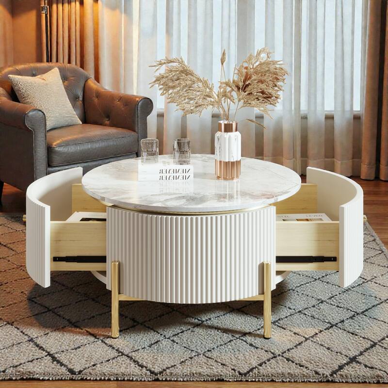 Modern Round Coffee Table with 2 Large Drawers, Marble Pattern MDF Top and Gold Metal Legs