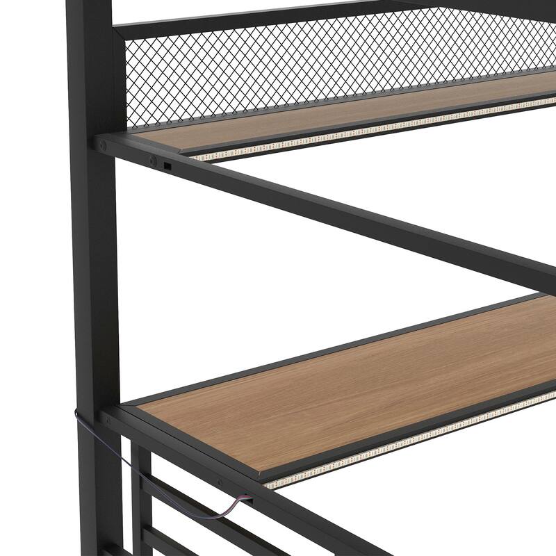 Full Size Metal Loft Bed Frame with Storage Shelf and LED Light, Iron Mesh