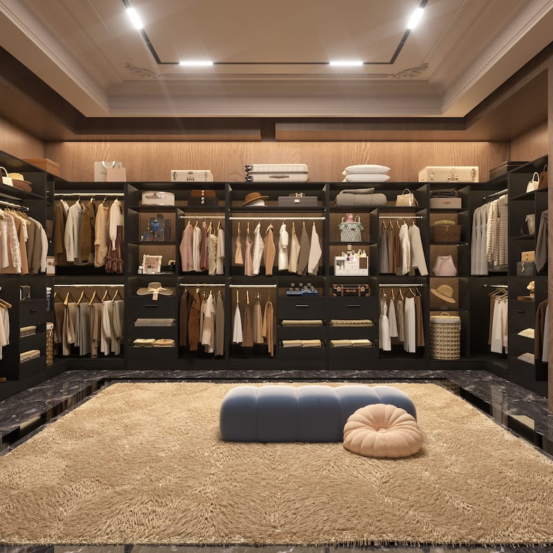 Qvella 72"-108" Closet System with Drawers and Hanging Rods,Freestanding Walk-in Closet Organizer System Wardrobe Closet Tower